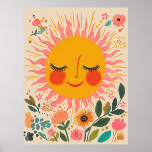 Schattige Zon Zonnige Dag Boho Bloem Illustratie Poster