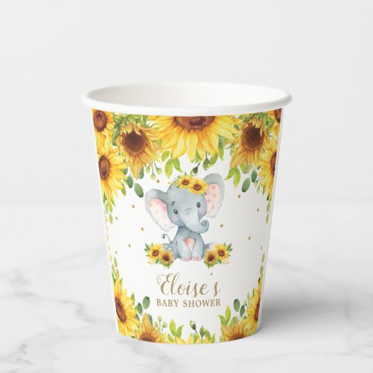 Schattige Zonnebloem Elephant Baby shower Birthday Papieren Bekers (Achterkant)