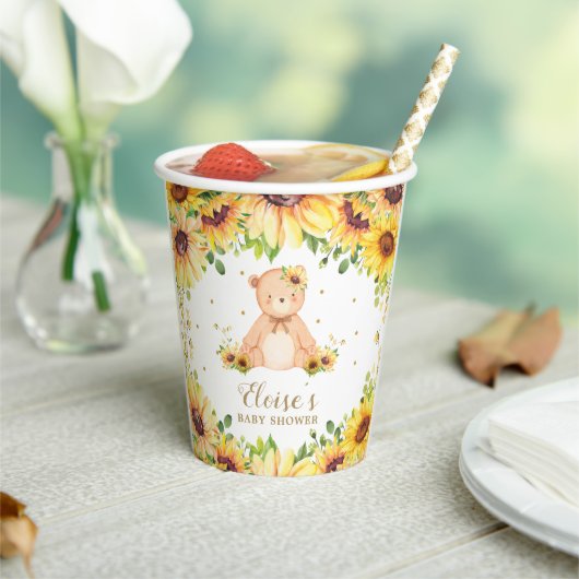 Schattige Zonnebloem Teddy Bear Baby shower Verjaa Papieren Bekers (Insitu)