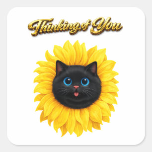 Schattige Zonnebloem Zwarte Kat Gezicht Denk Aan J Vierkante Sticker