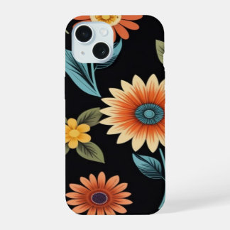 Schattige zonnebloempatroon op zwarte achtergrond iPhone 15 hoesje