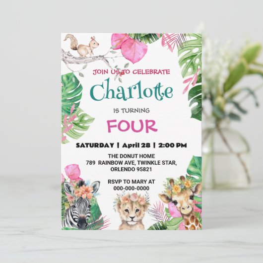 Schattige Zoo oerwoud Dieren Verjaardag Bloemen Kaart (Staand voorkant)