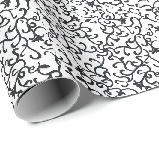 Schattige Zwart Bloempatroon op Witte Achtergrond Cadeaupapier (Rol Hoek)