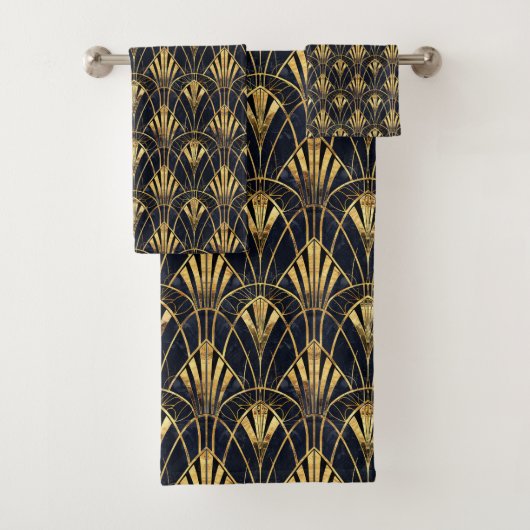 Schattige zwart goud art deco tegelpatroon bad handdoek (Insitu)