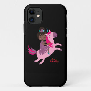 Schattige Zwart Haired Meisje Rijden op een Eenhoo iPhone 11 Hoesje