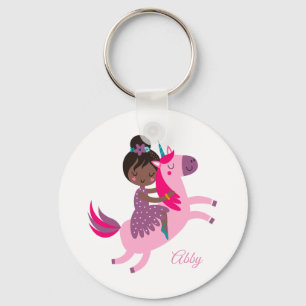 Schattige Zwart Haired Meisje Rijden op een Eenhoo Sleutelhanger