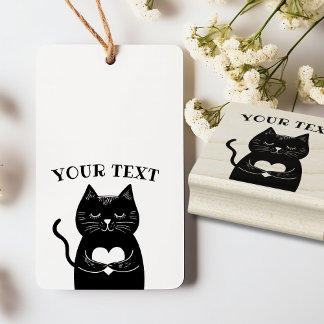 Schattige Zwart Kat Holding Hart Aangepaste Tekst Rubberstempel