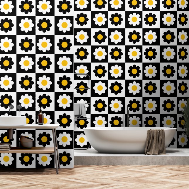 Schattige zwart-wit Daisy Flower Pattern Behang (Badkamer)