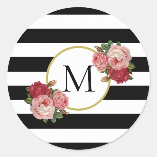 Schattige Zwart Wit Gestreept Retro Bloemen Monogr Ronde Sticker (Voorkant)
