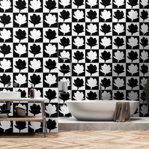 Schattige zwart-wit Magnolia bloempatroon Behang