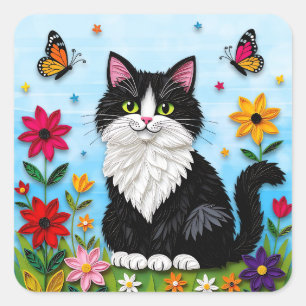 Schattige zwart-witte kat, bloemen en vlinders vierkante sticker
