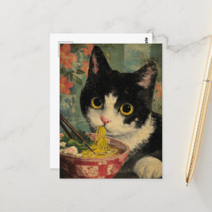 Schattige zwart-witte kat eet noedels briefkaart