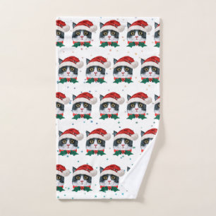 Schattige zwart-witte kat met kerstmuts Kerstmis Handdoek