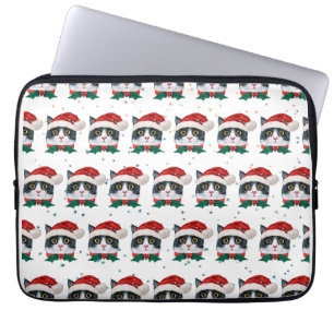 Schattige zwart-witte kat met kerstmuts Kerstmis Laptop Sleeve