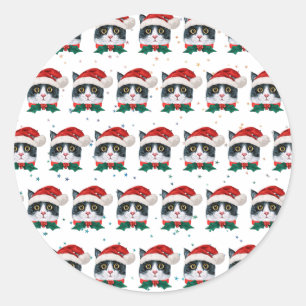 Schattige zwart-witte kat met kerstmuts Kerstmis Ronde Sticker