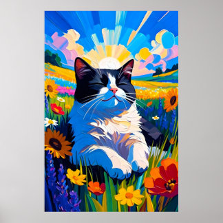 Schattige zwart-witte kat rustend in zonnige weide poster