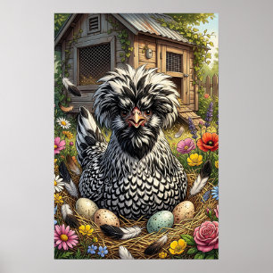 Schattige zwart-witte Poolse kip Poster