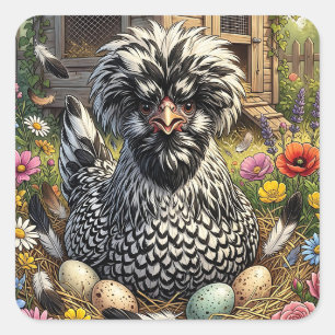 Schattige zwart-witte Poolse kip Vierkante Sticker