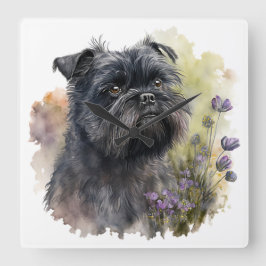 SCHATTIGE ZWARTE AFFENPINSCHER HOND MET BLOEMEN VIERKANTE KLOK