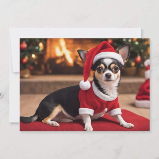 Schattige zwarte Chihuahua met kerstmuts Feestdagenkaart (Voorkant)