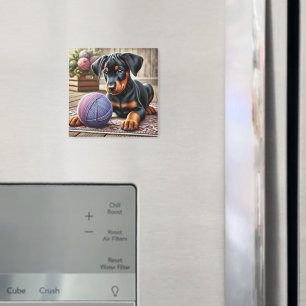 Schattige zwarte en bruine puppy met garenbal magneet