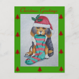schattige zwarte en bruine puppy met kerstmis feestdagenkaart
