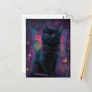 Schattige Zwarte en Paarse Kat Fee Briefkaart