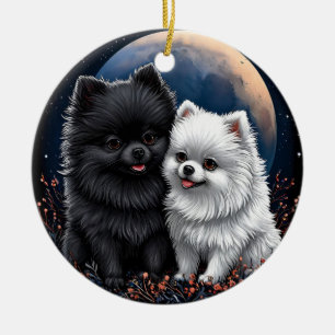 Schattige zwarte en witte Pomeranian puppy's Keramisch Ornament