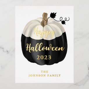 Schattige Zwarte En Witte Pompoen Gelukkig Hallowe Folie Feestdagen Briefkaart