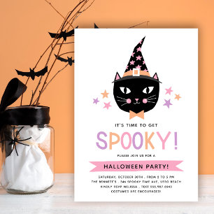 Schattige Zwarte Heksenkat Pastel Halloween Feest Kaart