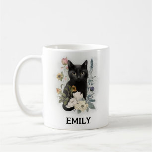 Schattige Zwarte Kat Aquarel Bloemen Naam Koffiemok