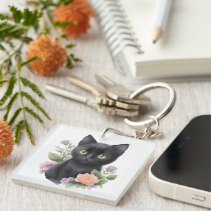 Schattige Zwarte Kat Bloemrijke Fantasie  Sleutelhanger