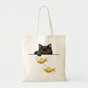 Schattige Zwarte Kat die naar Goudvis Kunst gluurt Tote Bag