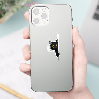 Schattige Zwarte Kat die Rond de Hoek Kijkt | Grap Sticker