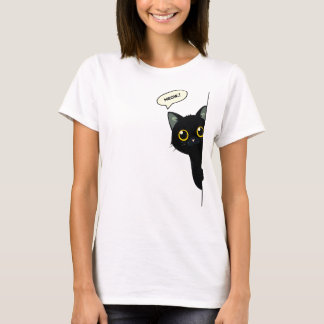 Schattige Zwarte Kat die Rond de Hoek Kijkt | Grap T-shirt