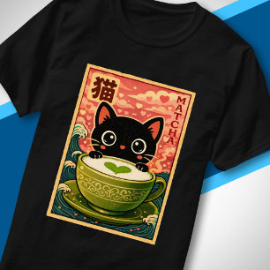 Schattige Zwarte Kat Drinkt Matcha Kawaii Japanse T-shirt