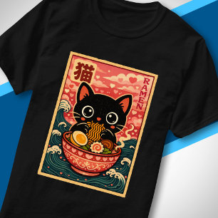 Schattige Zwarte Kat Eet Ramen Kawaii Japanse Lief T-shirt