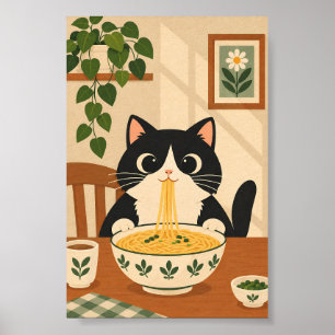 Schattige Zwarte Kat Eet Ramen – Vintage Japanse E Poster