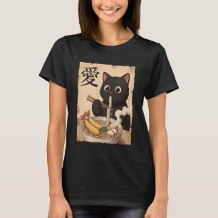 Schattige Zwarte Kat Eet Udon Anime Noedel Liefheb T-shirt