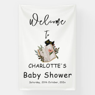 Schattige Zwarte Kat en Bloem Boek Baby Shower Spandoek