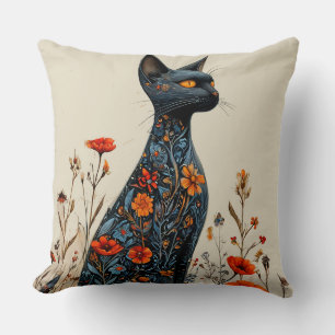 Schattige zwarte kat en bloemen kussen
