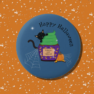 Schattige Zwarte Kat en Cupcake Blauwe Halloween K Ronde Button 5,7 Cm