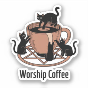 Schattige Zwarte Kat En Koffie, Aanbid Koffie Kitt Sticker