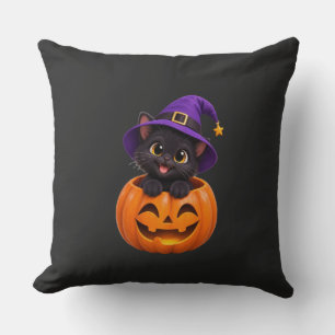 Schattige Zwarte Kat Halloween Heks Pompoen Sticke Kussen