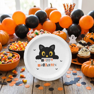 Schattige Zwarte Kat Halloween Papieren Bordje