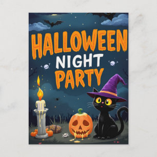 Schattige Zwarte Kat Heks Halloween Nacht Feest Briefkaart