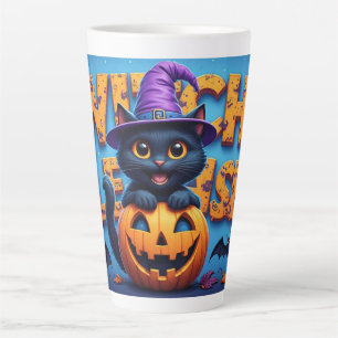 Schattige Zwarte Kat Heks Pompoen Halloween 🐈⬛ Latte Mok