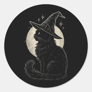 Schattige Zwarte Kat Heksenhoed Maan Retro Coquett Ronde Sticker