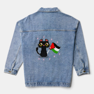 Schattige zwarte kat houdt Palestijnse vlag vast Denim Jacket