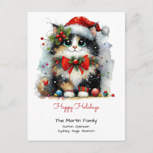 Schattige zwarte kat in een kerstmuts fijne feestd briefkaart